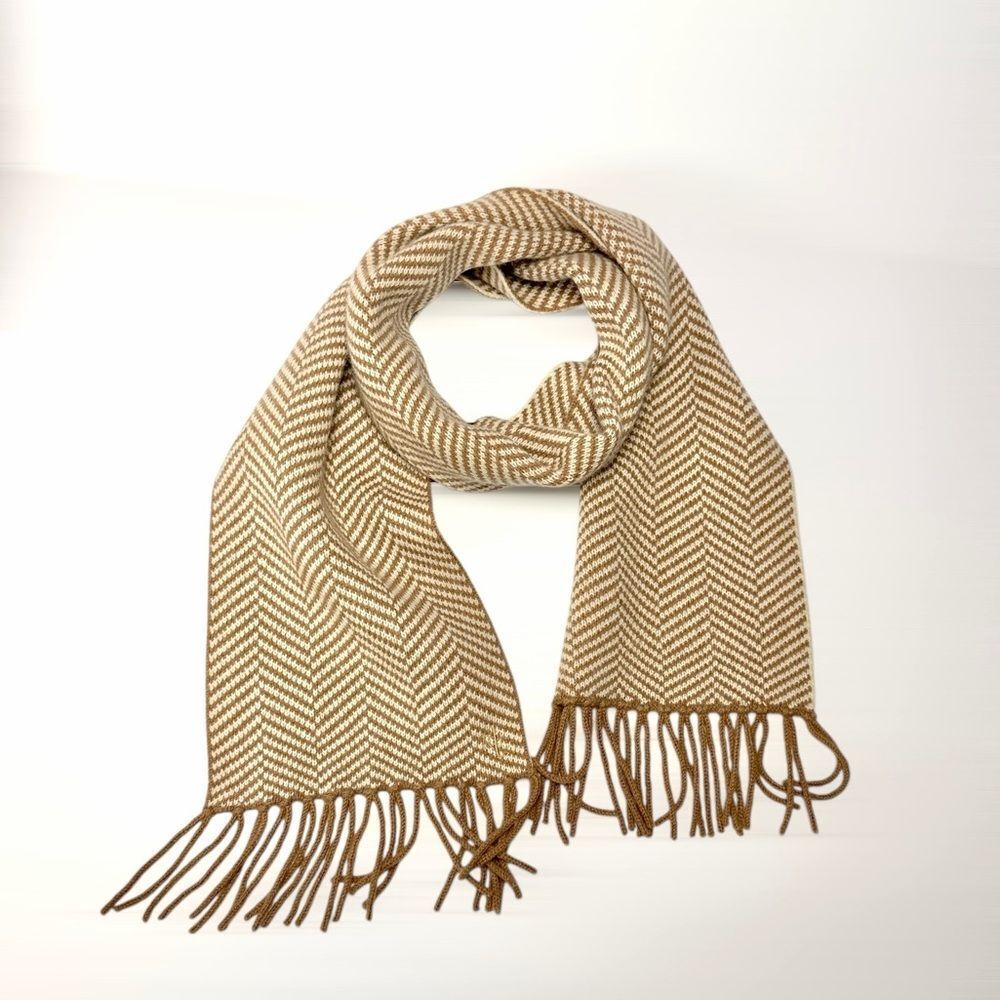Lauren Ralph Lauren Wool Herringbone Scarf Tan Beige With Fridges Men's Women's